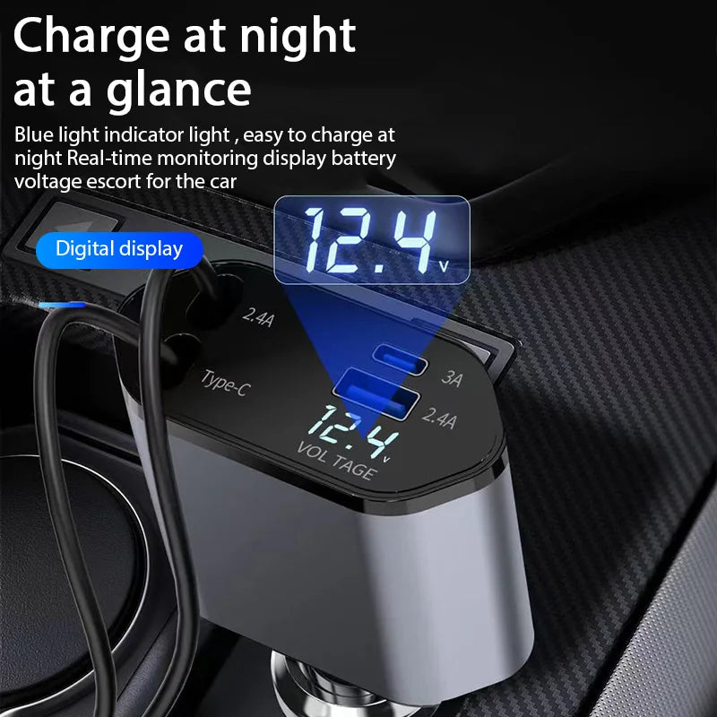 4 in 1 120W Car Charger Retractable Car Cigarette Lighter Adapter USB Type C Fast Charger Cable for Iphone Xiaomi Huawei Samsung