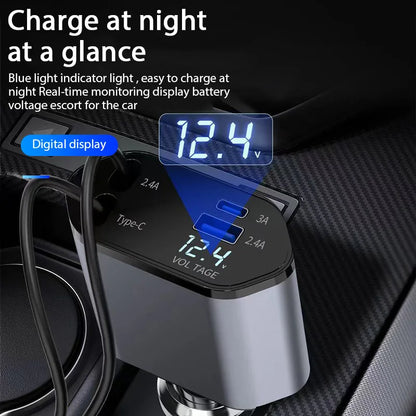 4 in 1 120W Car Charger Retractable Car Cigarette Lighter Adapter USB Type C Fast Charger Cable for Iphone Xiaomi Huawei Samsung