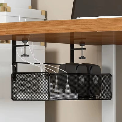 Under Desk Cable Management Tray No Drill Metal Mesh Cable Management under Desk with Clamp Mount