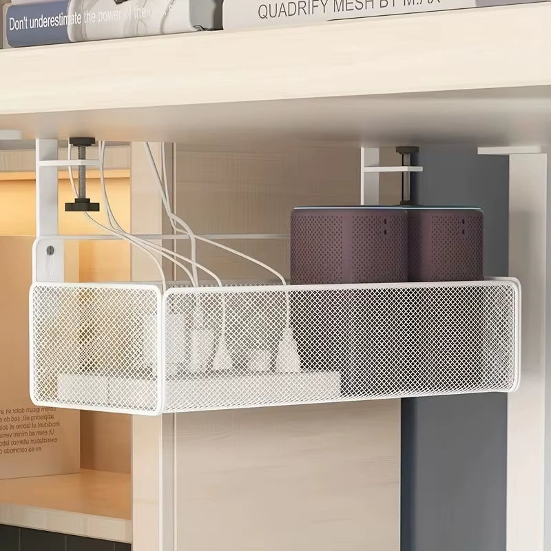 Under Desk Cable Management Tray No Drill Metal Mesh Cable Management under Desk with Clamp Mount