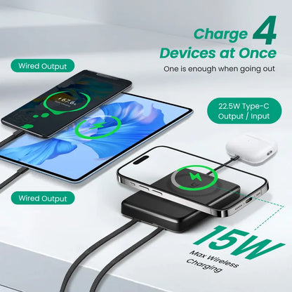 10000Mah Silicone Magnetic Mobile Power Bank with Built-In Foldable Stand - 22.5W Fast Charging Foldable Wireless Charger, 15W Chargeable 4-Device Station with USB-C Charger Cable, Slim Battery for Iphone 12/13/17 & Android Smartphones Techvibes