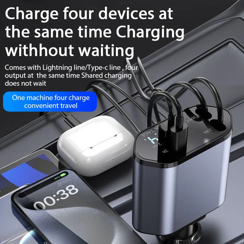 4 in 1 120W Car Charger Retractable Car Cigarette Lighter Adapter USB Type C Fast Charger Cable for Iphone Xiaomi Huawei Samsung