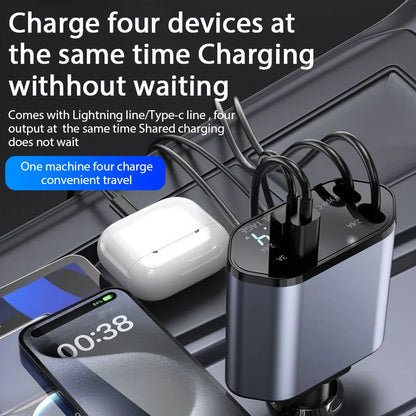 4 in 1 120W Car Charger Retractable Car Cigarette Lighter Adapter USB Type C Fast Charger Cable for Iphone Xiaomi Huawei Samsung
